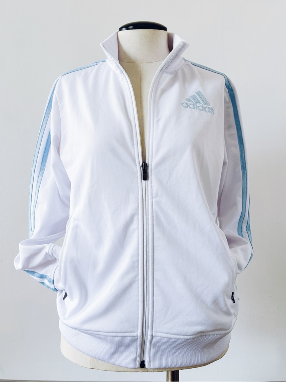 adidas White Track Bomber Jacket with Light Blue Stripes